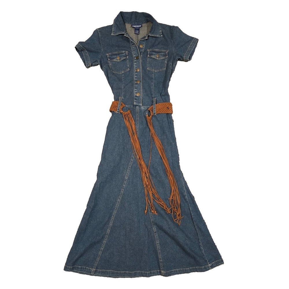 Forenza Short Sleeve Denim Dress Size 4 Original Tawny Suede BOHO Belt